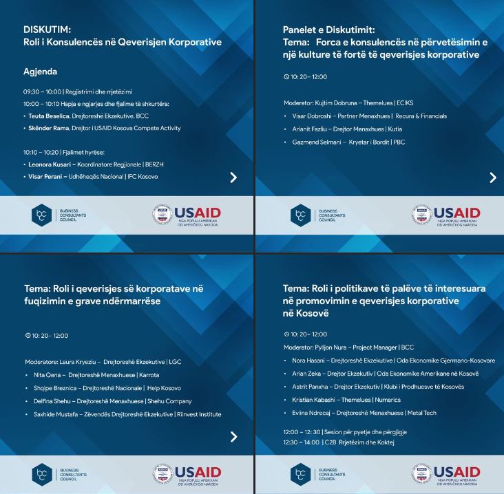 Agjenda: Dita Botërore e Konsulentit / Konferencë: Roli i Konsulencës në Qeverisjen Korporative | BCC & USAID Kosovo
