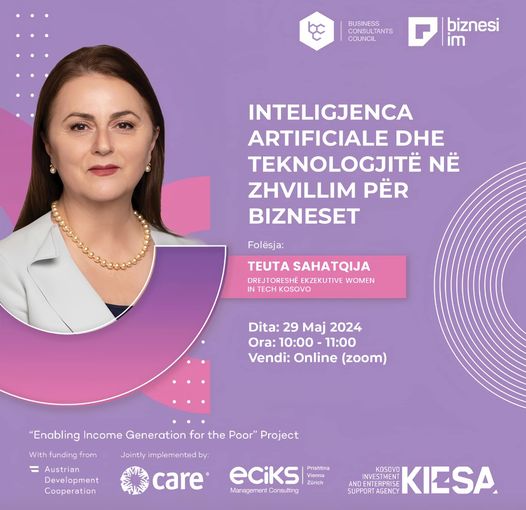 Ftesë për pjesëmarrje në Webinarin: Inteligjenca Artificiale dhe Teknologjitë në Zhvillim me Folëse: Teuta Sahatqija